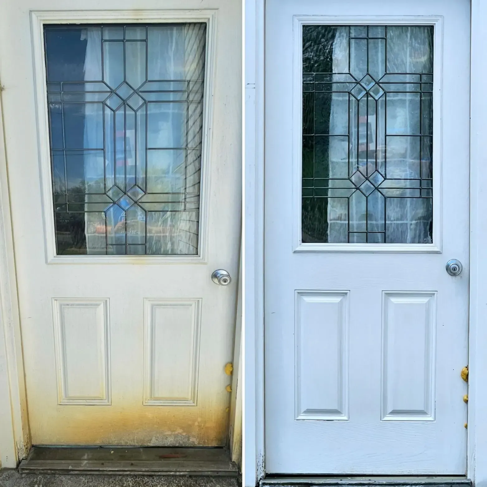 Two side-by-side white doors with decorative glass panels, one stained yellow at the bottom.