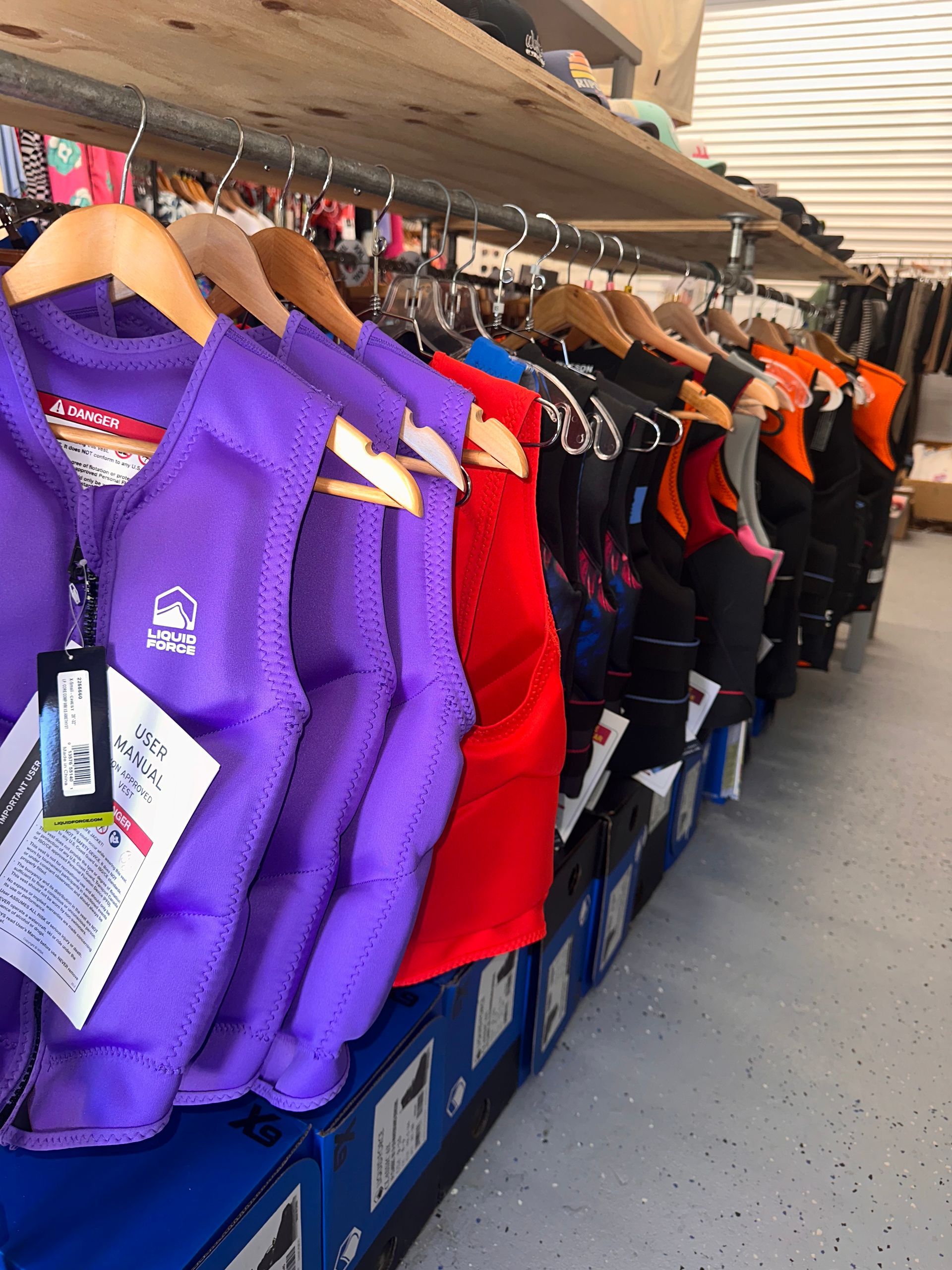 wakes2u board sho has all the life vest and comp vest