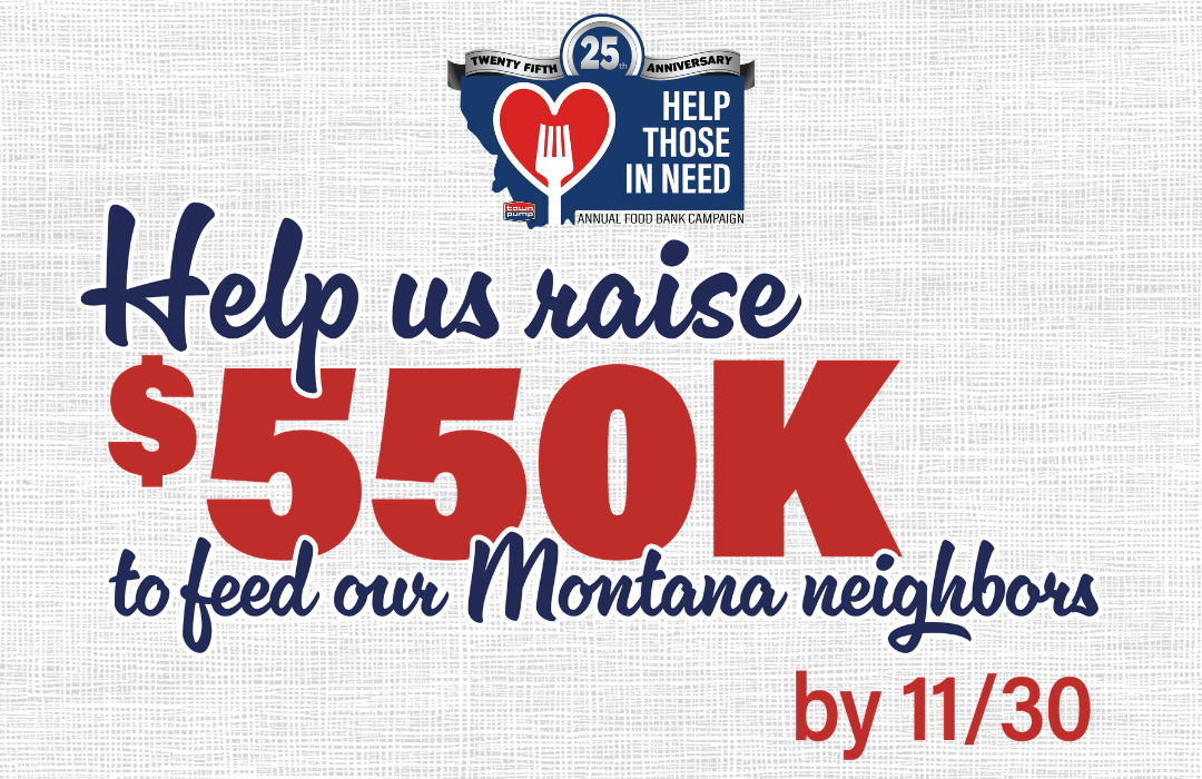 Help Montana neighbors raise $550K to feed them by 11/30, with a blue and red heart logo.