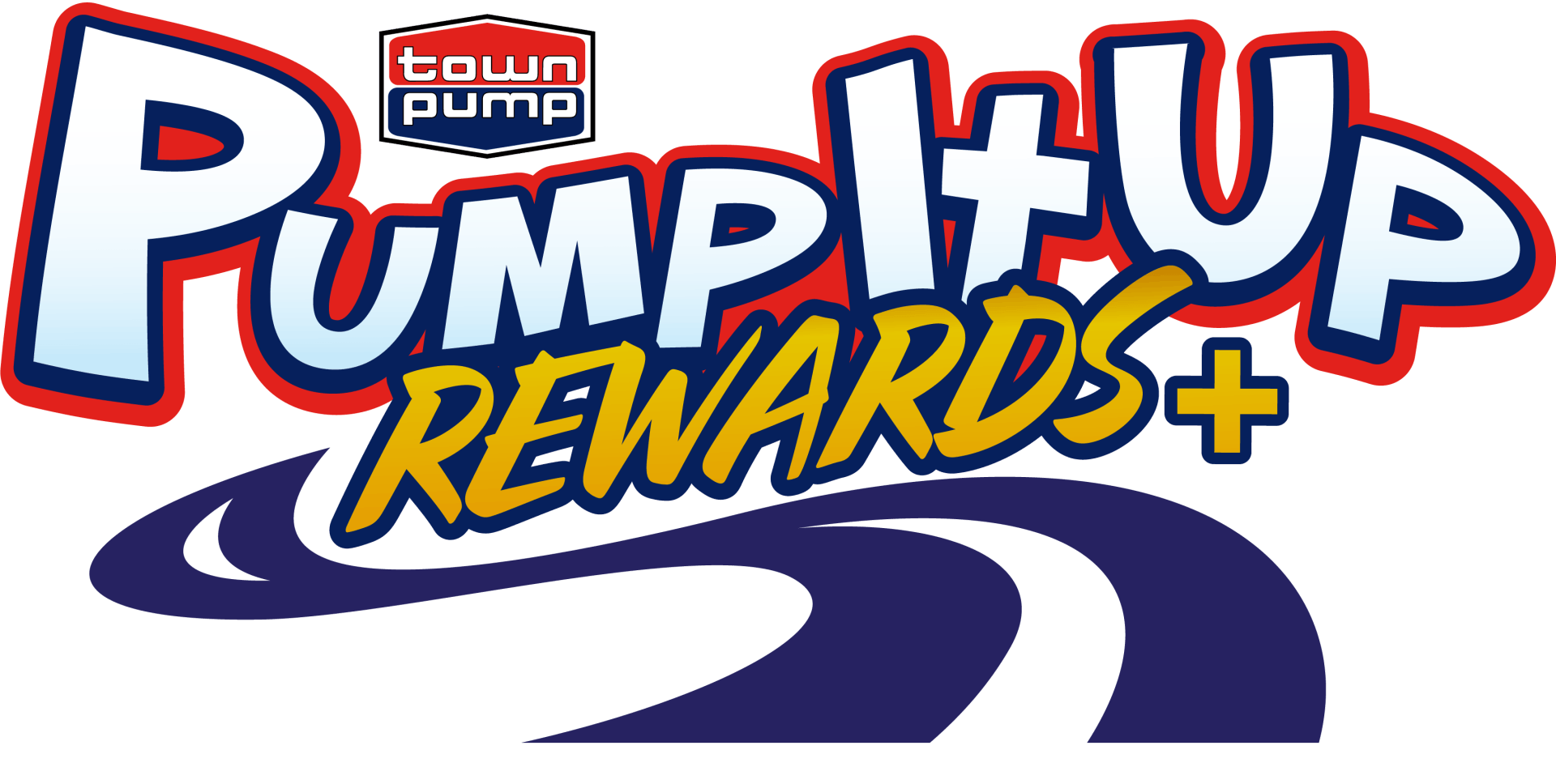 Town Pump Pump It Up Rewards+ logo with blue road