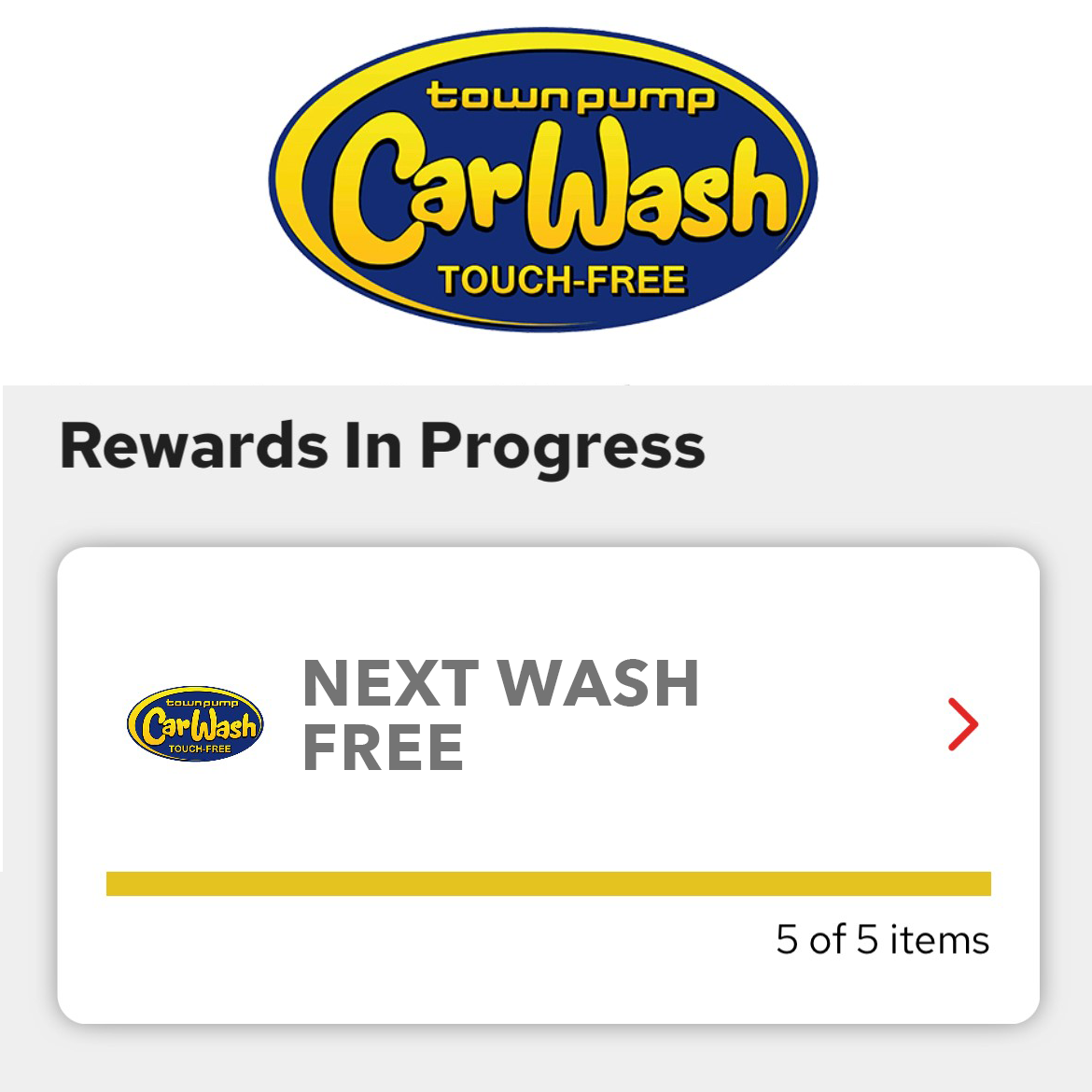 Buy 5 any Car Washes, Get your 6th Free Rewards in Progress screenshot from app showing NEXT WASH FREE