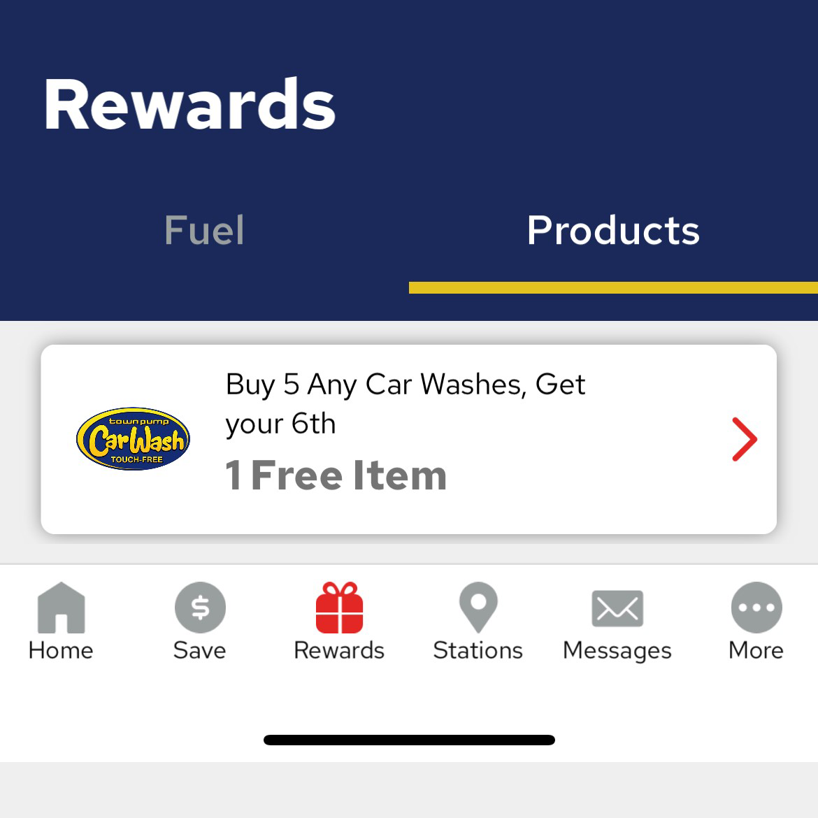 Buy 5 any Car Washes, Get your 6th Free Rewards in Progress screenshot from app showing 1 Free Item