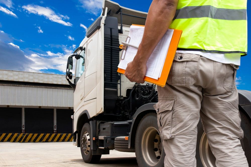 A Man in A Yellow Vest Is Holding a Clipboard in Front of A Truck — Docs Mobile Tyre Service in Gympie, QLD