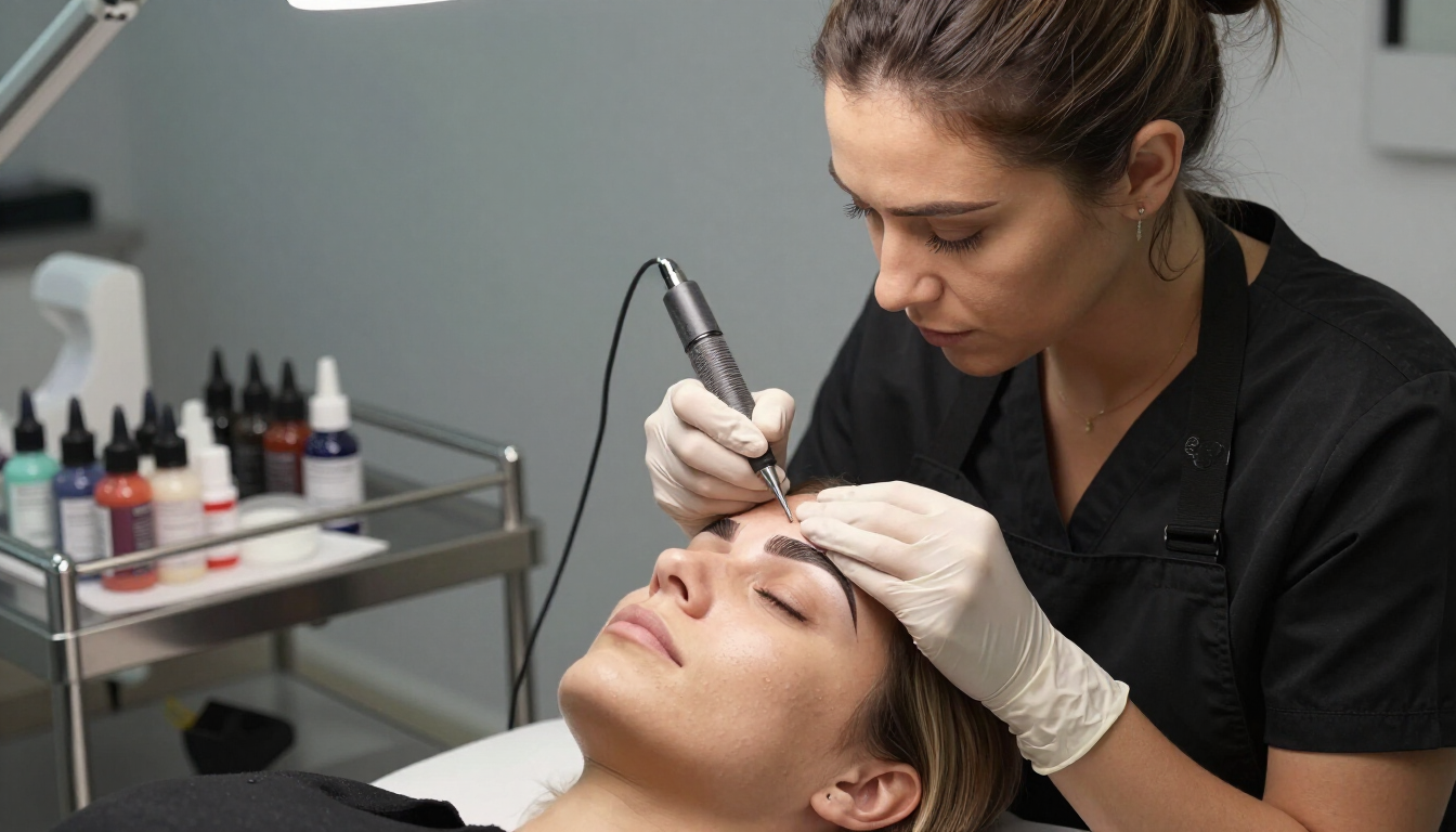 Instructor performing advanced ombré powder brow technique