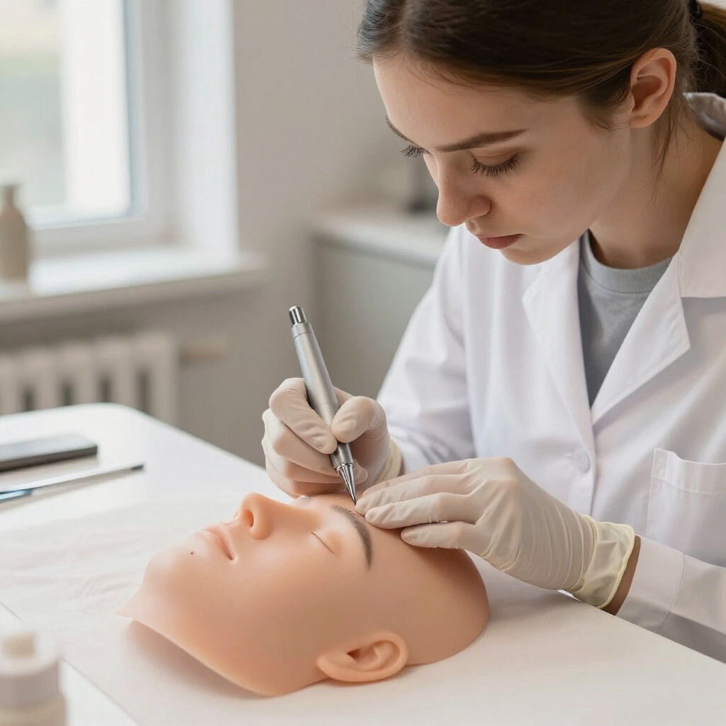 Student practicing microblading