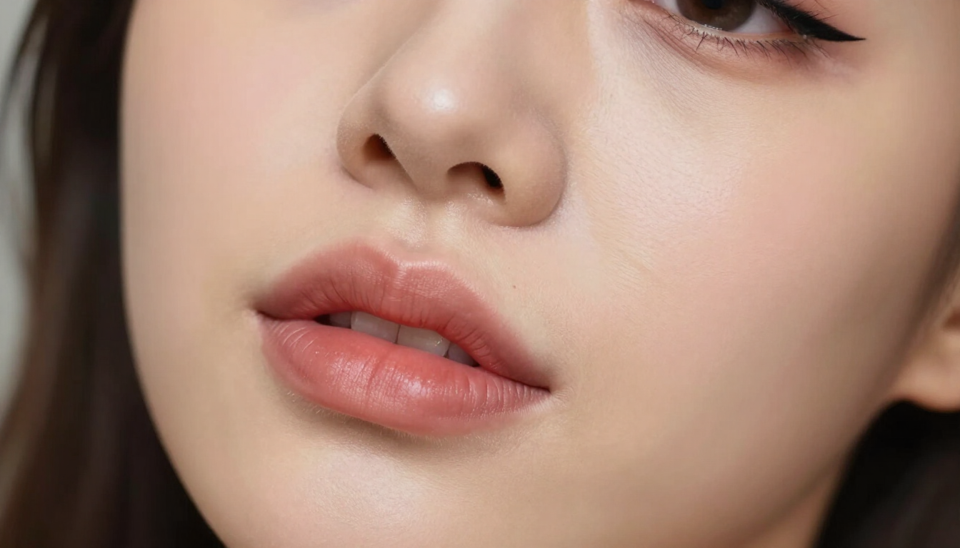 Close-up of advanced lip blush and eyeliner work