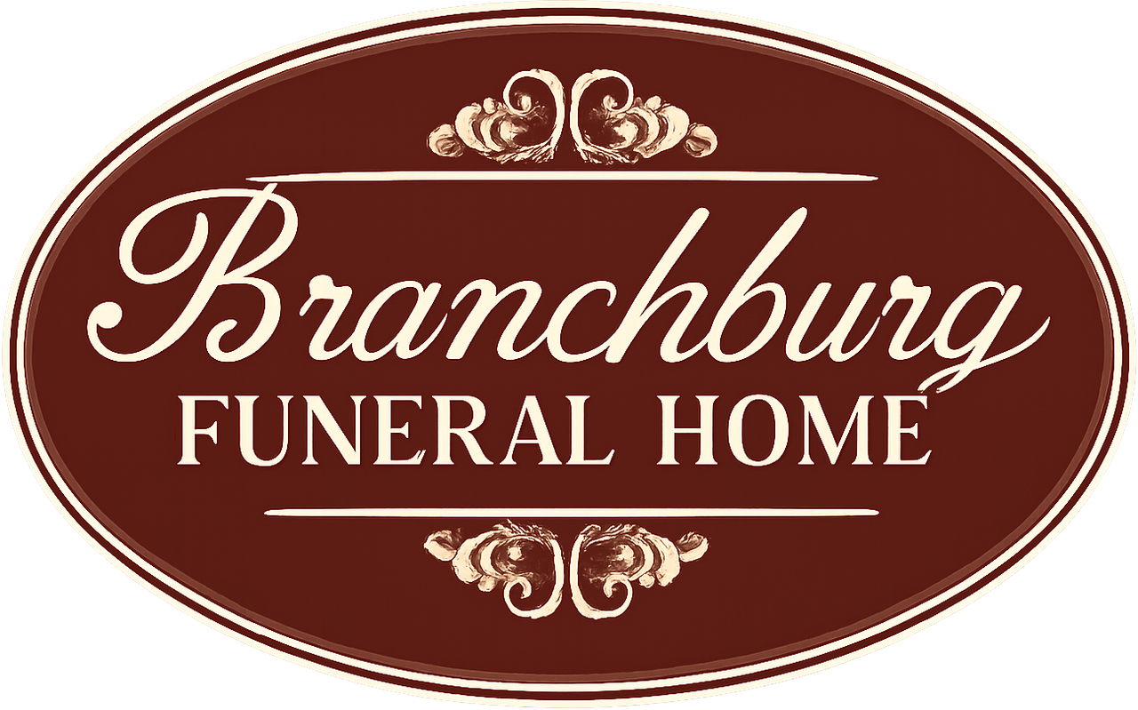 Branchburg Funeral Home logo in red script with decorative floral accents on white background