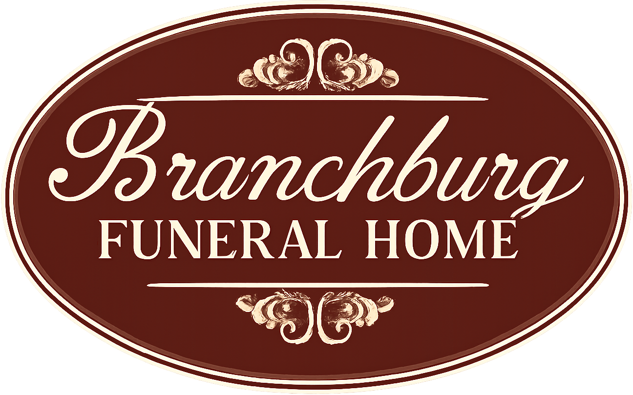 Branchburg Funeral Home logo in red script with decorative floral accents on white background