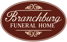 Branchburg Funeral Home logo in red script with decorative floral accents on white background