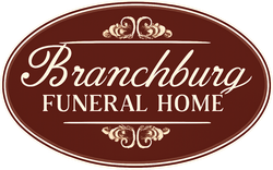 Branchburg Funeral Home logo in red script with decorative floral accents on white background