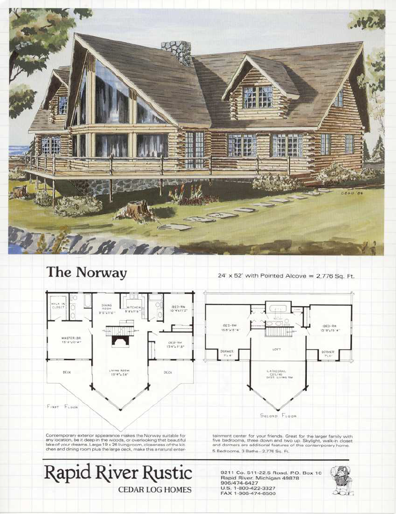 Architectural rendering of a log cabin home with floor plans; labeled 