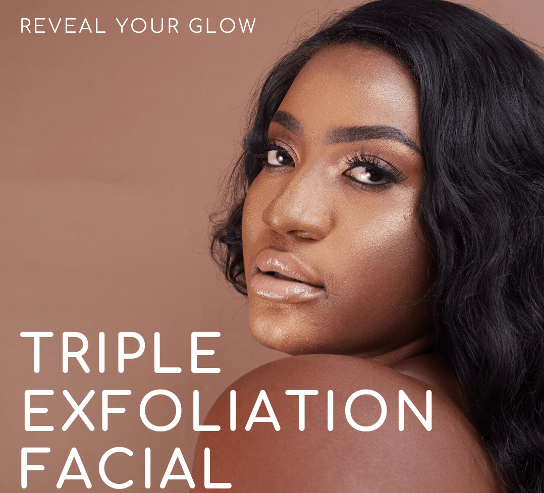 A woman 's face with the words triple exfoliation facial on it