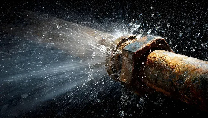 Rusty pipe spraying water forcefully into the air, with droplets scattering against a dark background