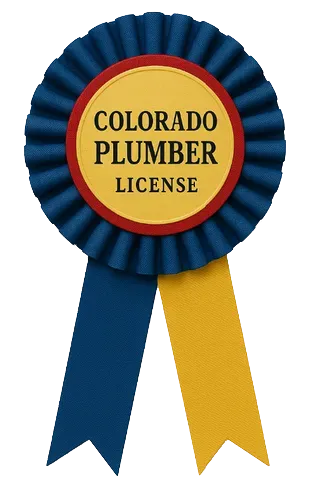Blue and gold rosette badge labeled “Colorado Plumber License”