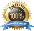 Gold guarantee seal reading “100%” with blue ribbon: “Licensed & Insured”