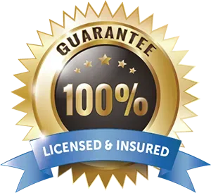 Gold guarantee seal reading “100%” with blue ribbon: “Licensed & Insured”