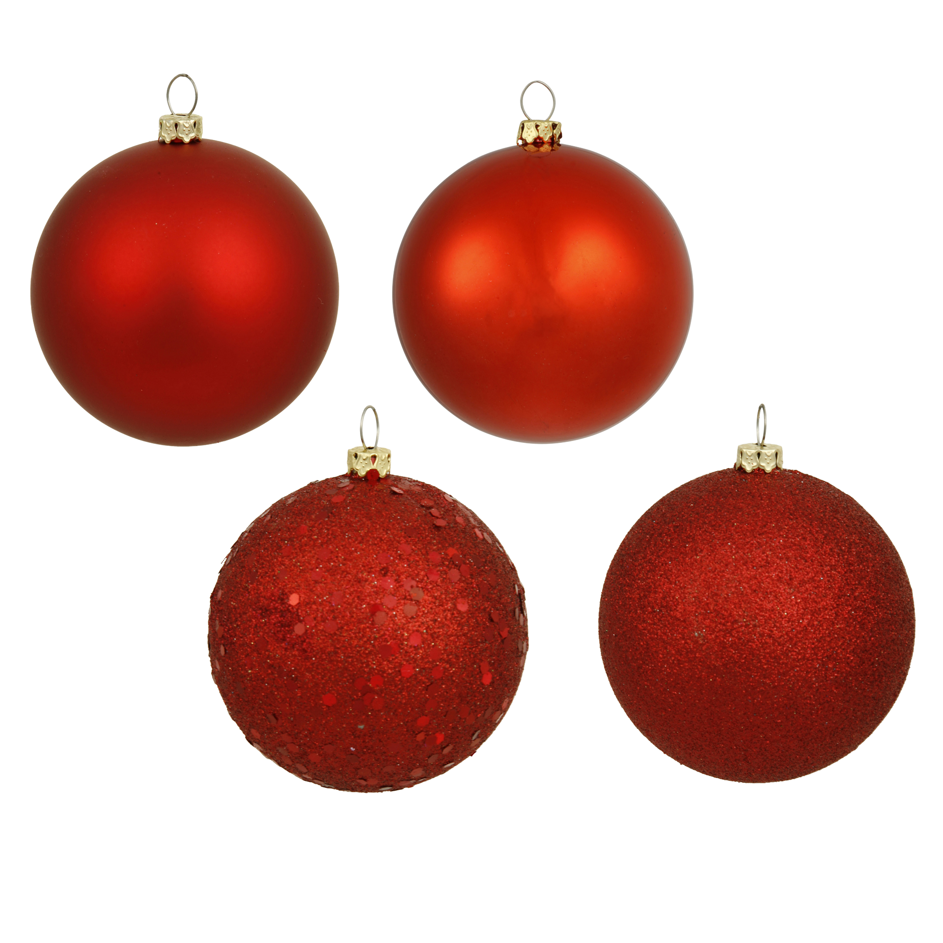 Four red Christmas ornaments; two matte, two glittery.