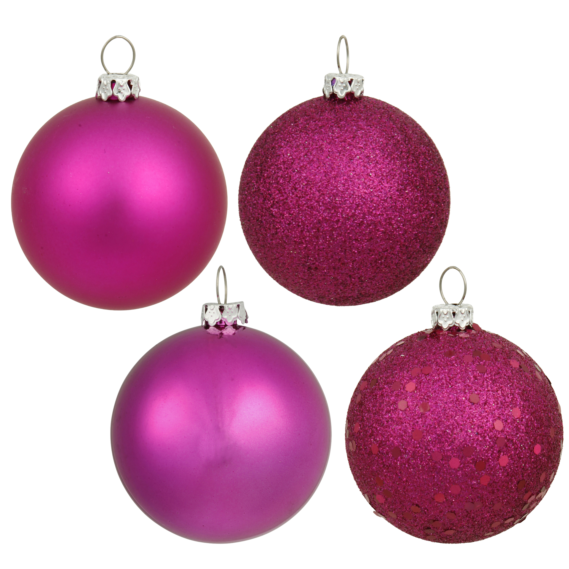 Four fuchsia Christmas ornaments: two matte, two glittery.