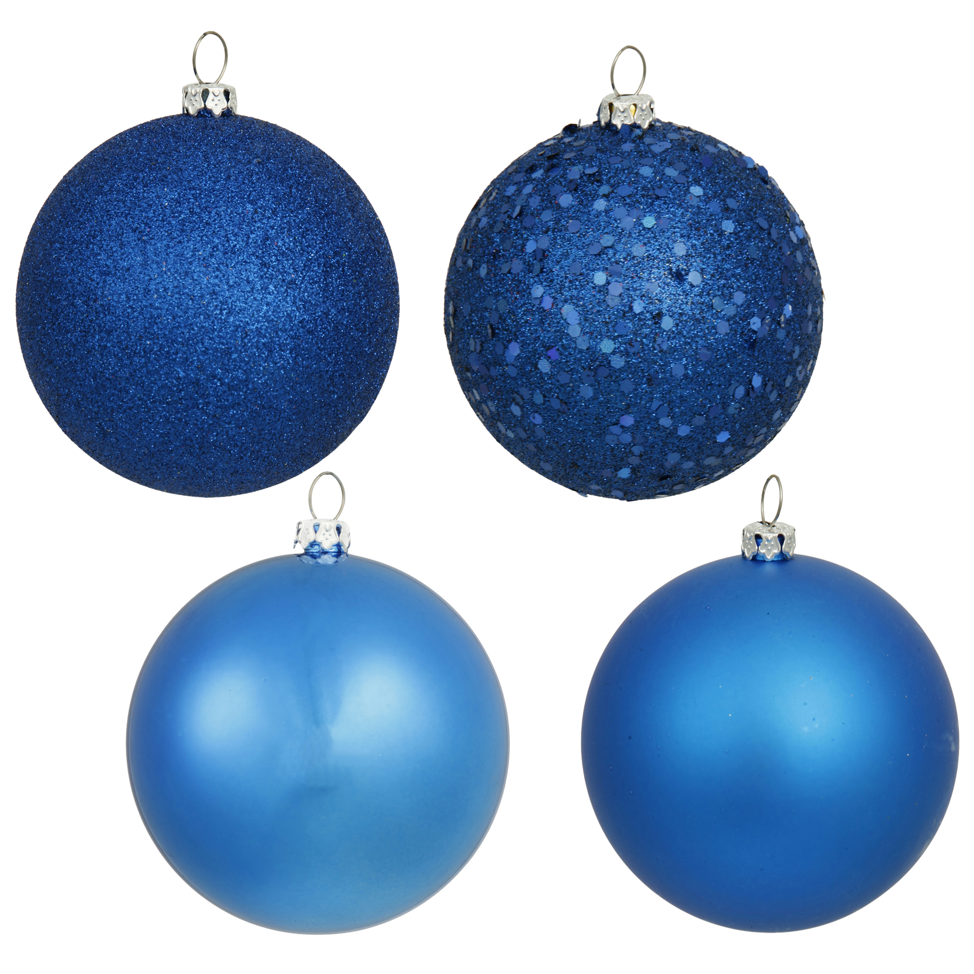 Four blue Christmas ornaments: glitter, sequin, matte, and shiny.