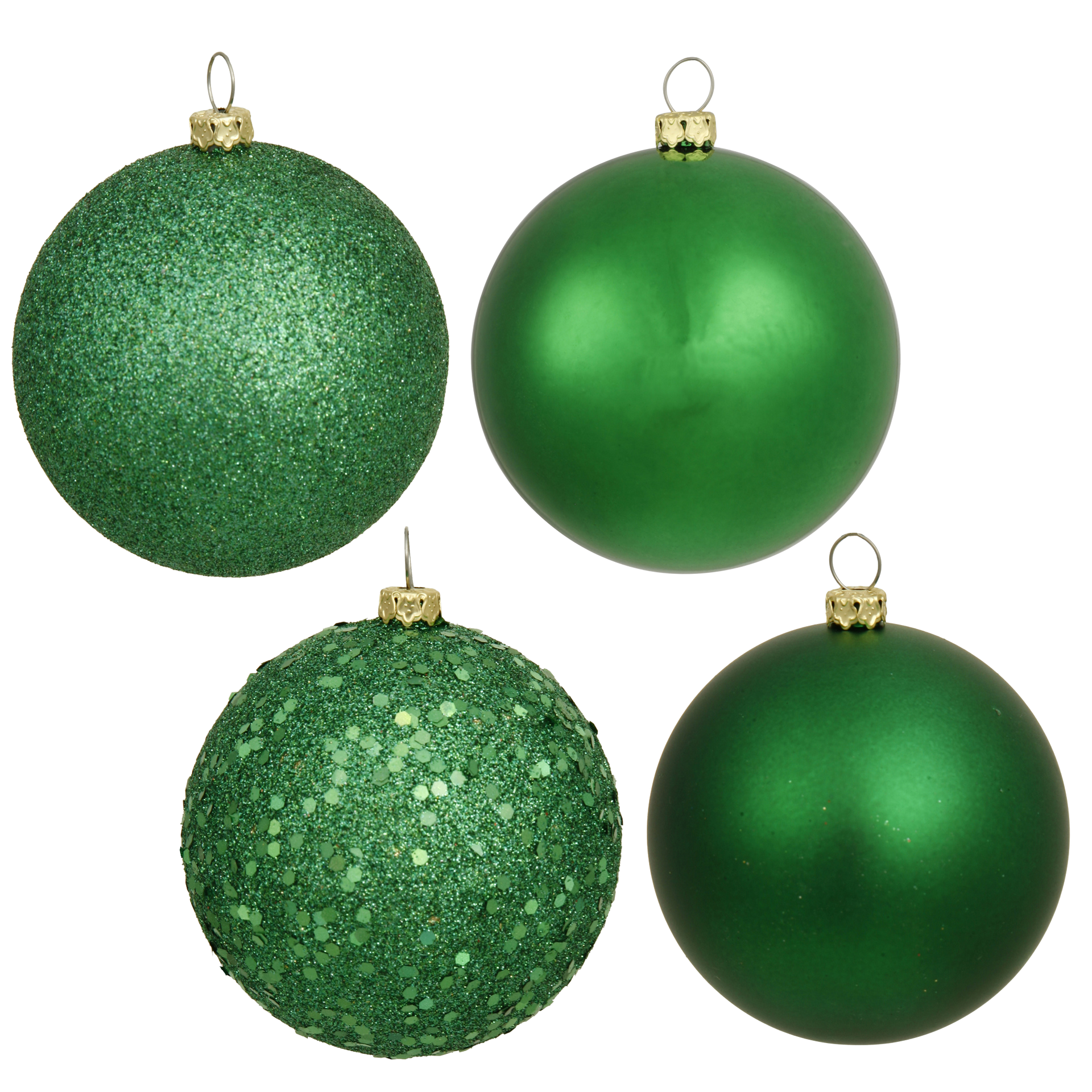 Four green Christmas ornaments, two glittery, two solid, against a white background.