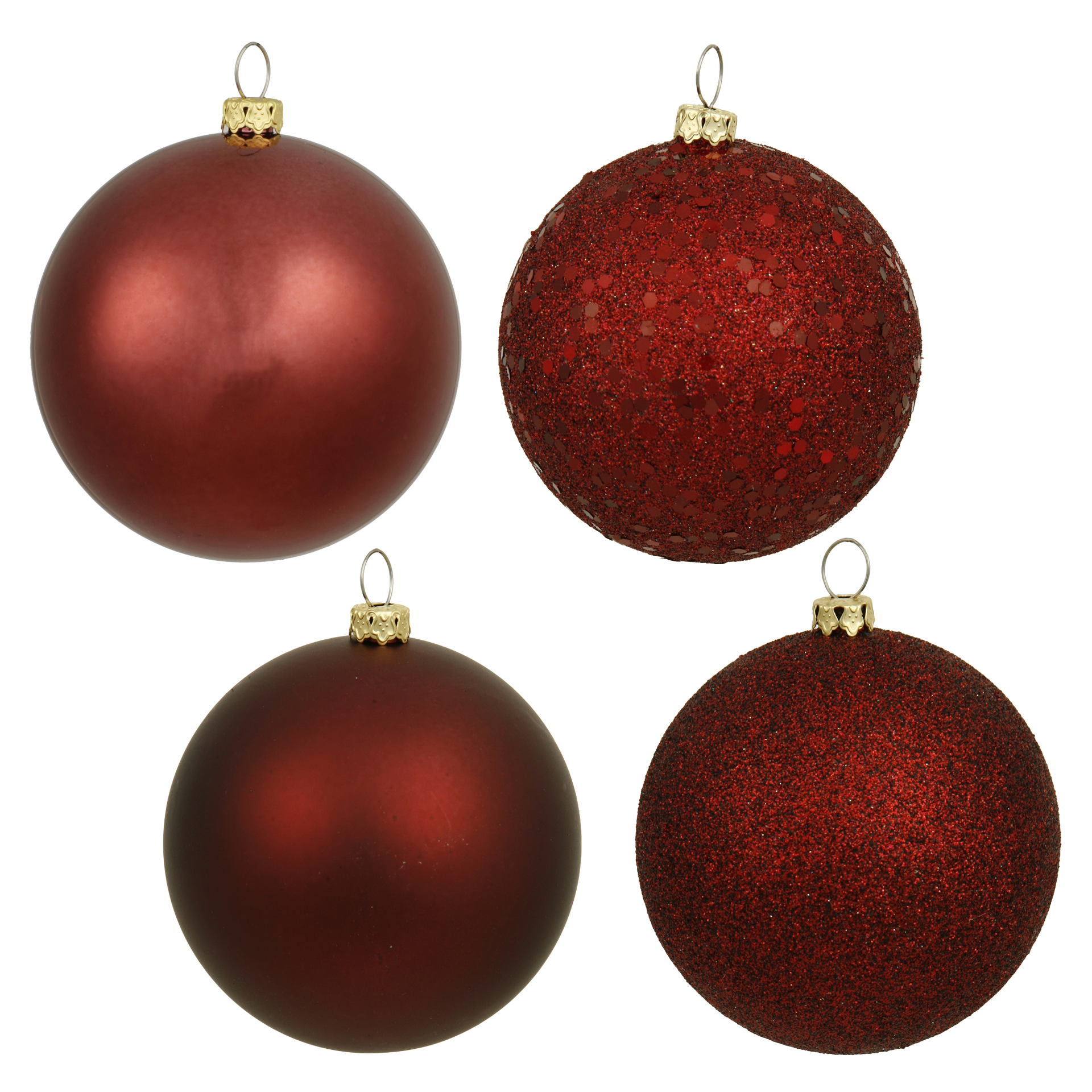 Four red Christmas ornaments: two matte and two glittery.
