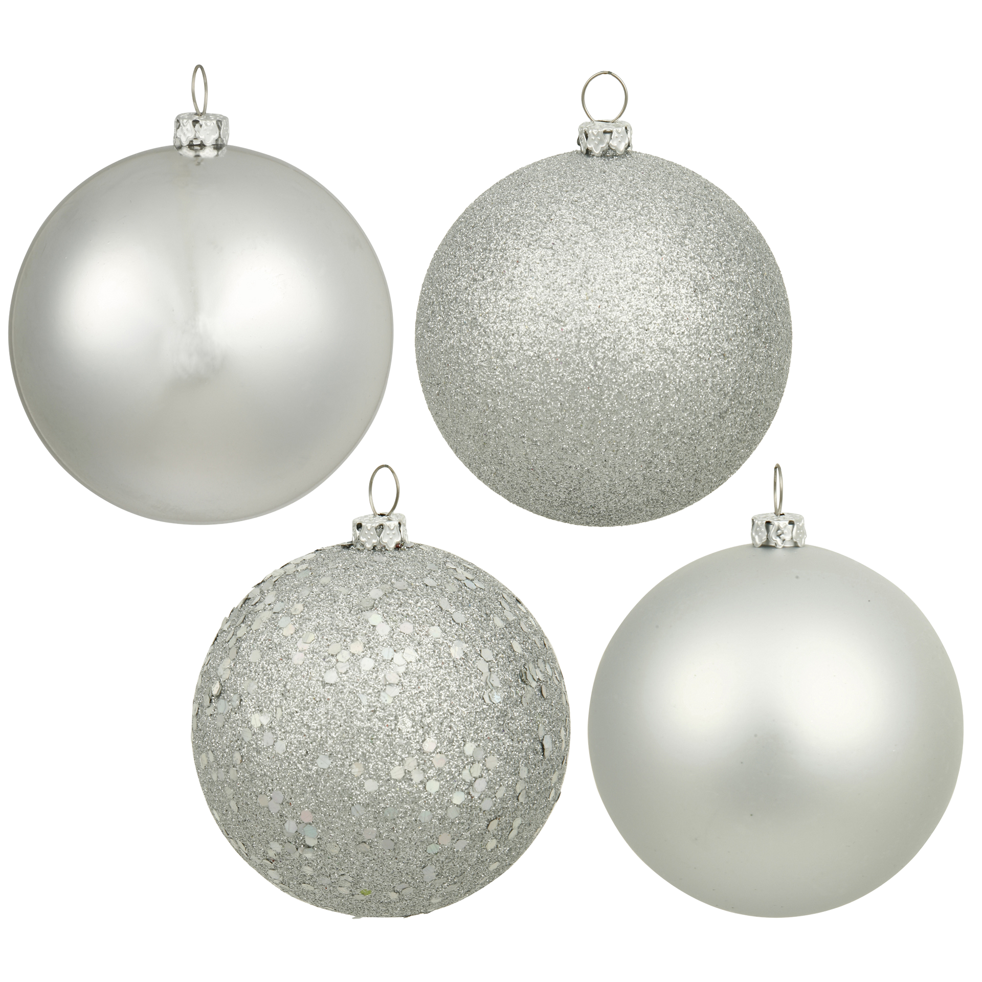 Four silver Christmas ornaments with different textures.