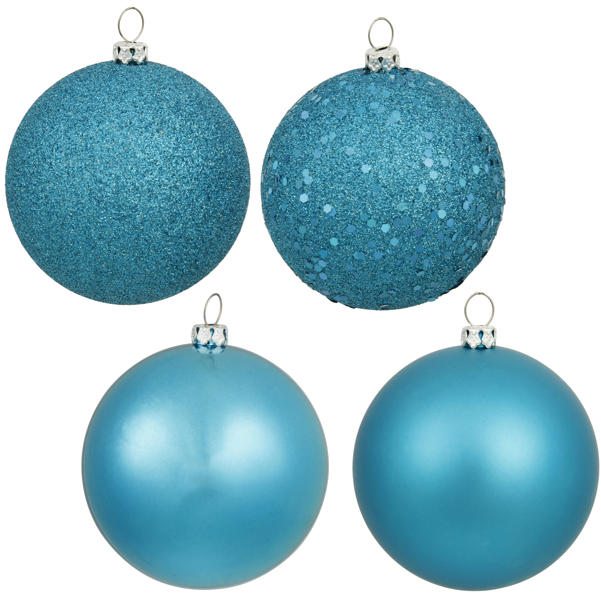 Four blue Christmas ornaments: two glittery, two matte.