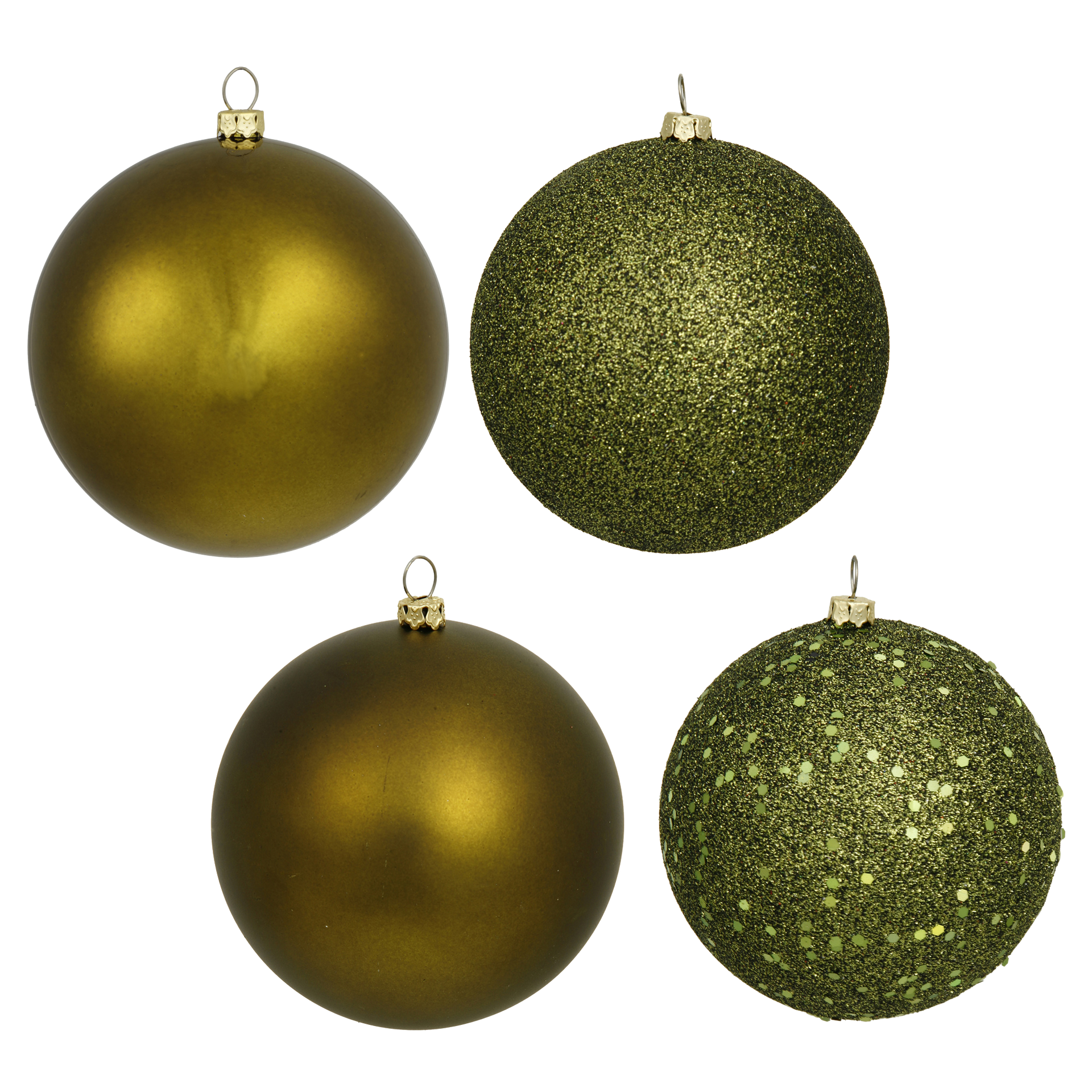 Four olive green Christmas ornaments: two matte and two glittery.