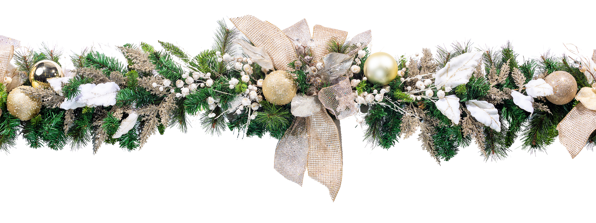 Christmas garland with green and white foliage, gold ornaments, and bow.