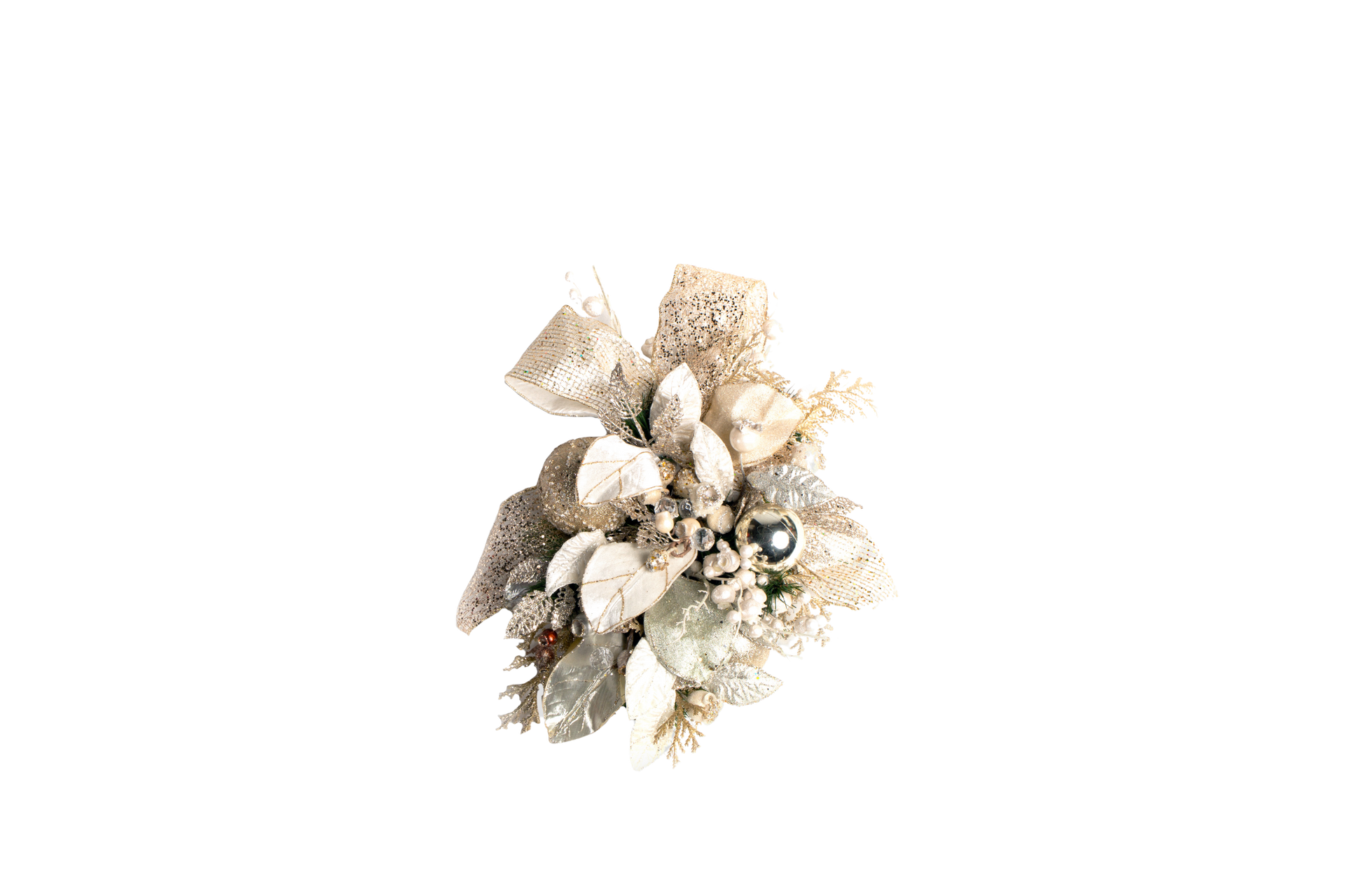 Glittery, cream-colored decorative cluster with a dark bead center, on a white background.