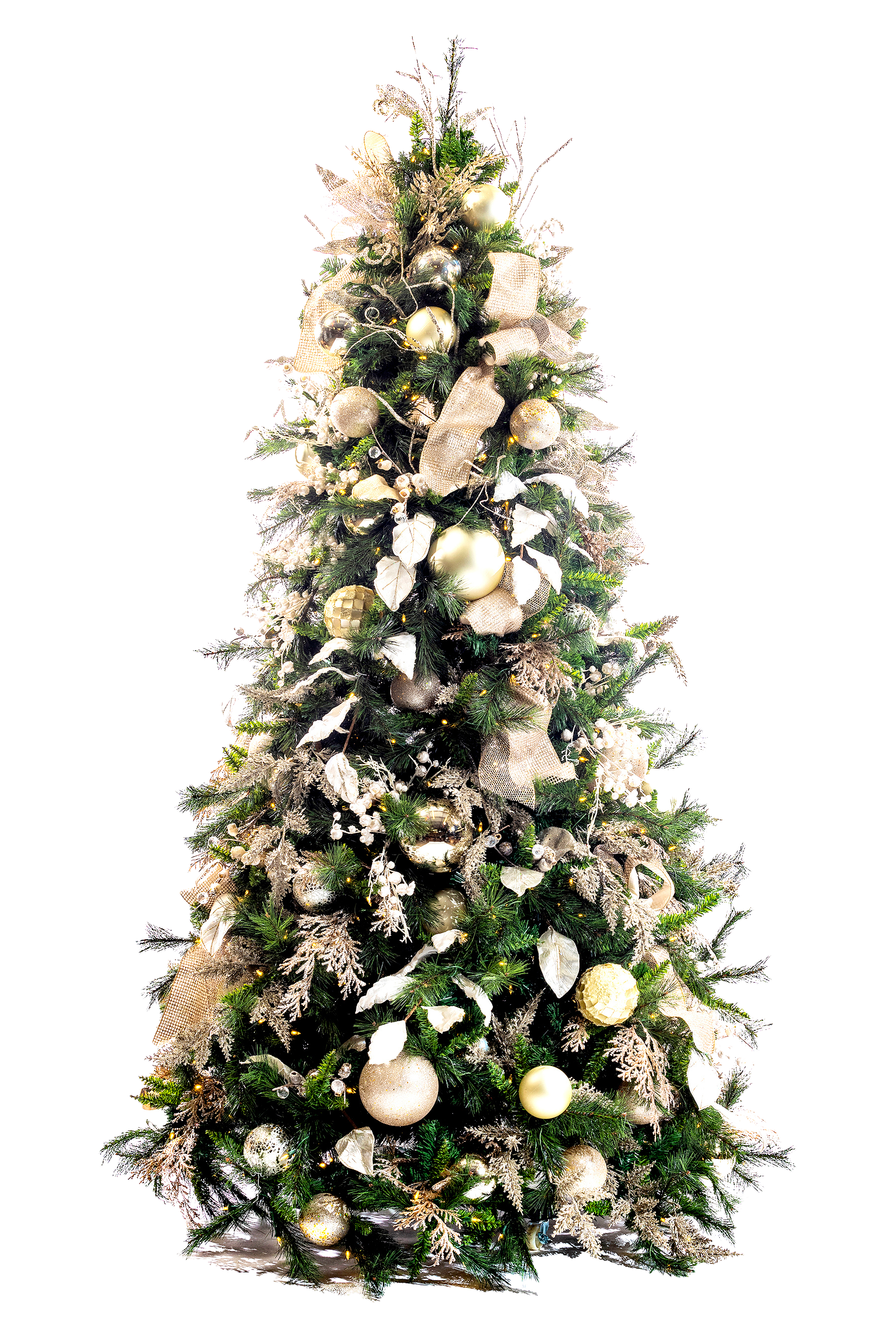 Decorated Christmas tree with gold and silver ornaments, and garland, on a white background.