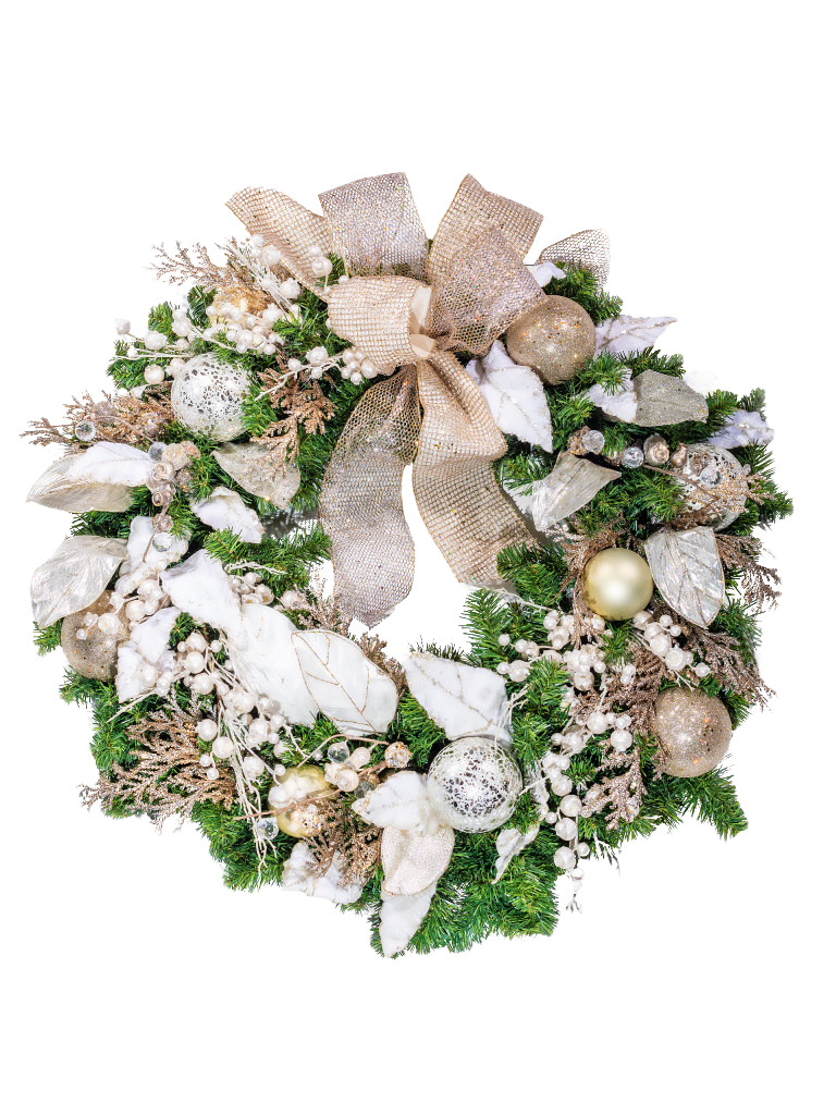 Christmas wreath with gold and white ornaments, bow, and greenery.