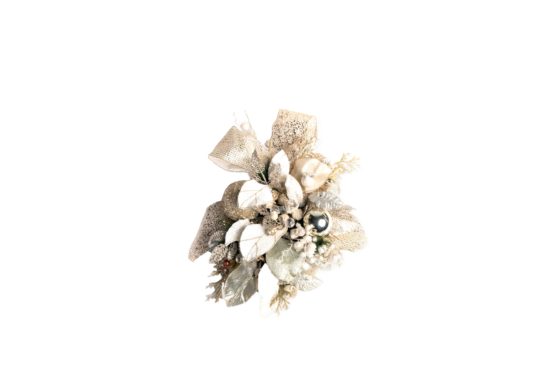 Floral arrangement with white and gold leaves and a silver bead.