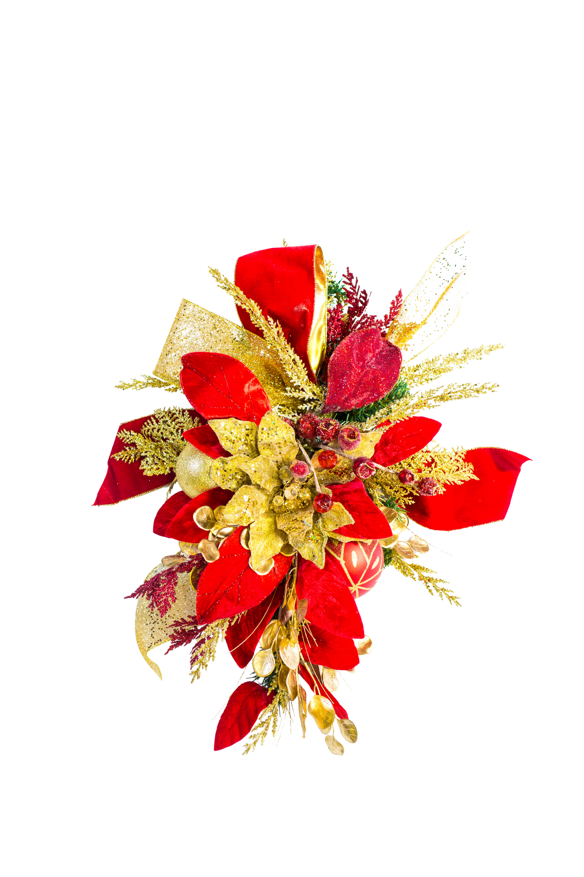Christmas decoration with red and gold bows and accents.