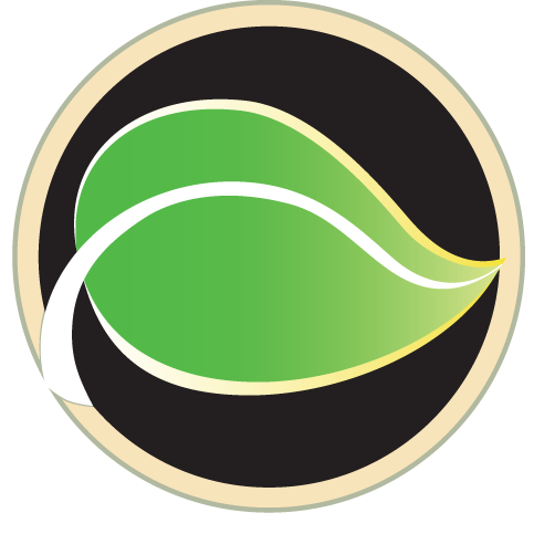 Green leaf logo on a black circle with a cream border