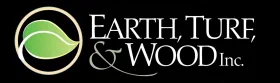 The logo for earth , turf , and wood inc. has a green leaf in a circle.