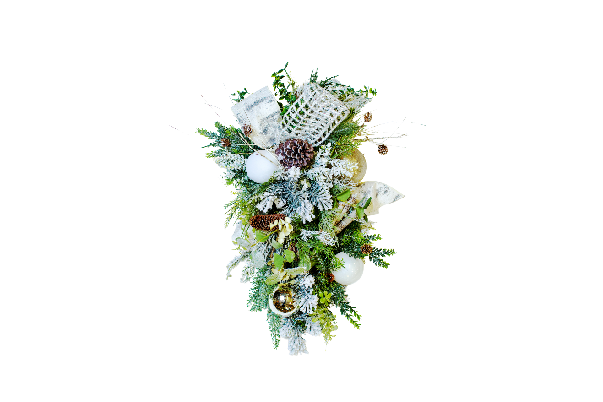 Christmas teardrop arrangement, with greenery, pinecones, and ornaments in white and gold.