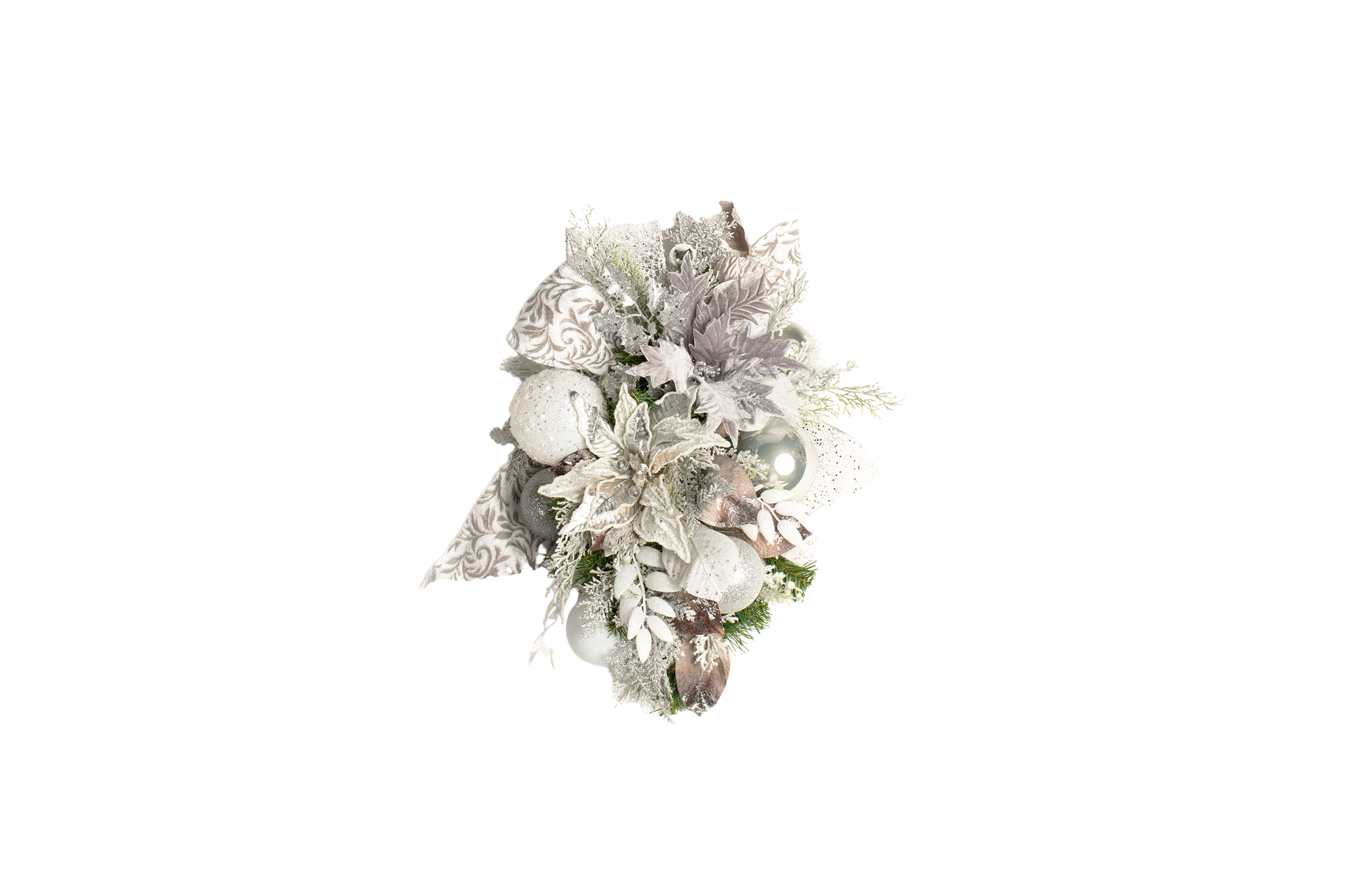 White and silver Christmas ornament arrangement with baubles, leaves, and bow against a white background.