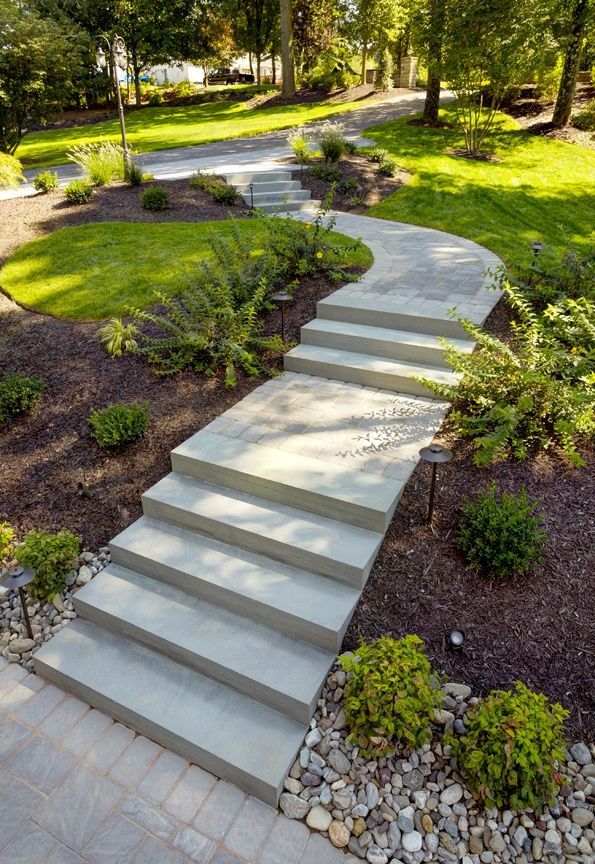 A set of stairs leading up to a driveway in a garden.