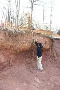 A man is standing next to a large pile of dirt.