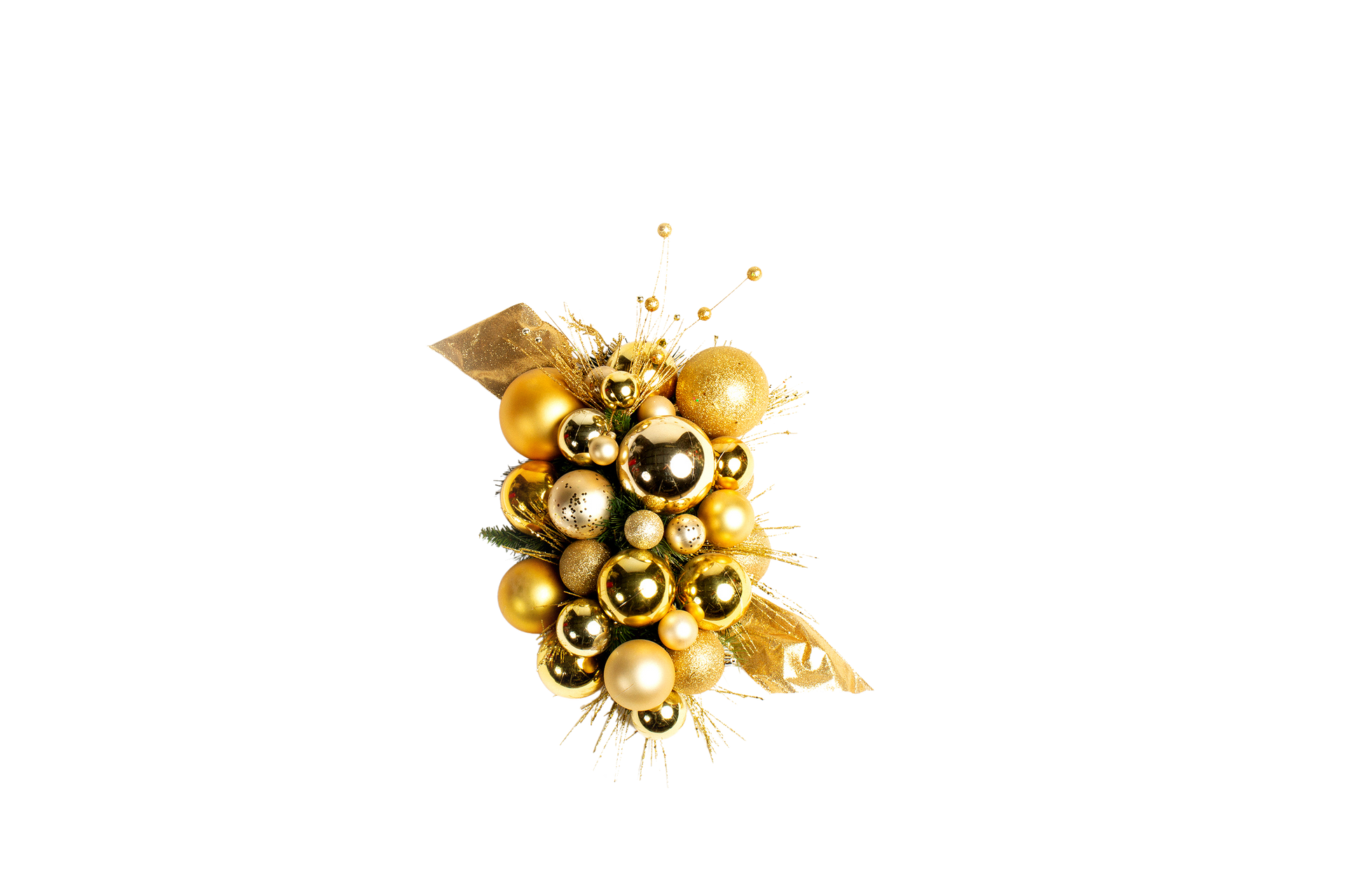 Gold Christmas ornament cluster with ribbon, on white background.