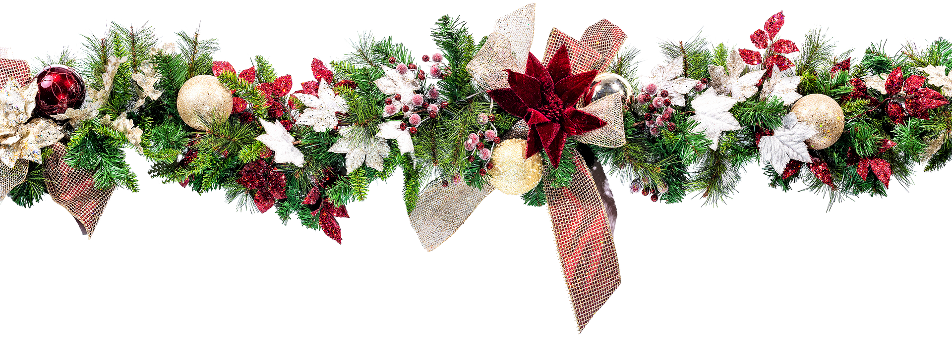 Christmas garland with red, white, and gold ornaments.