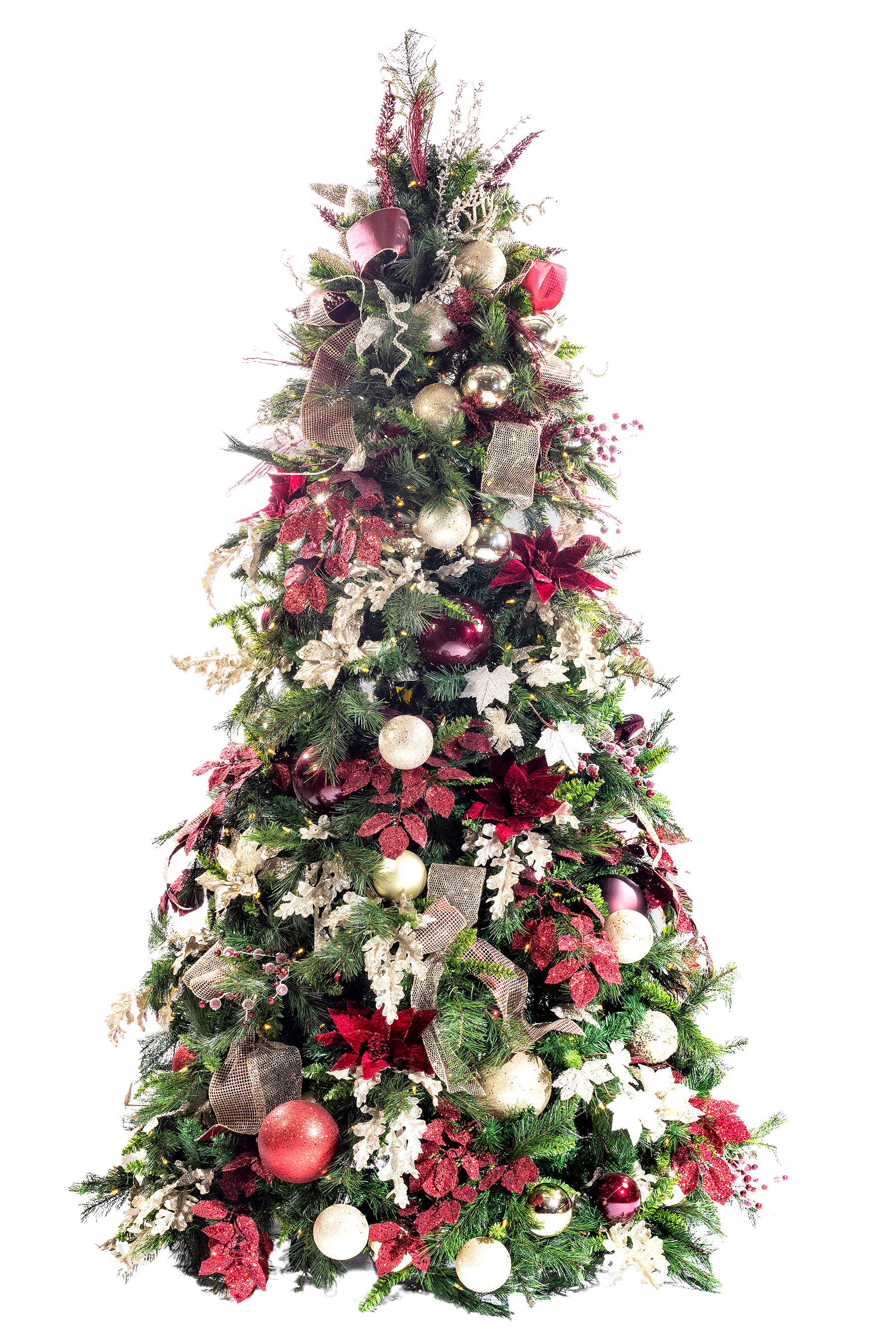 Decorated Christmas tree with red and gold ornaments and floral accents on a white background.