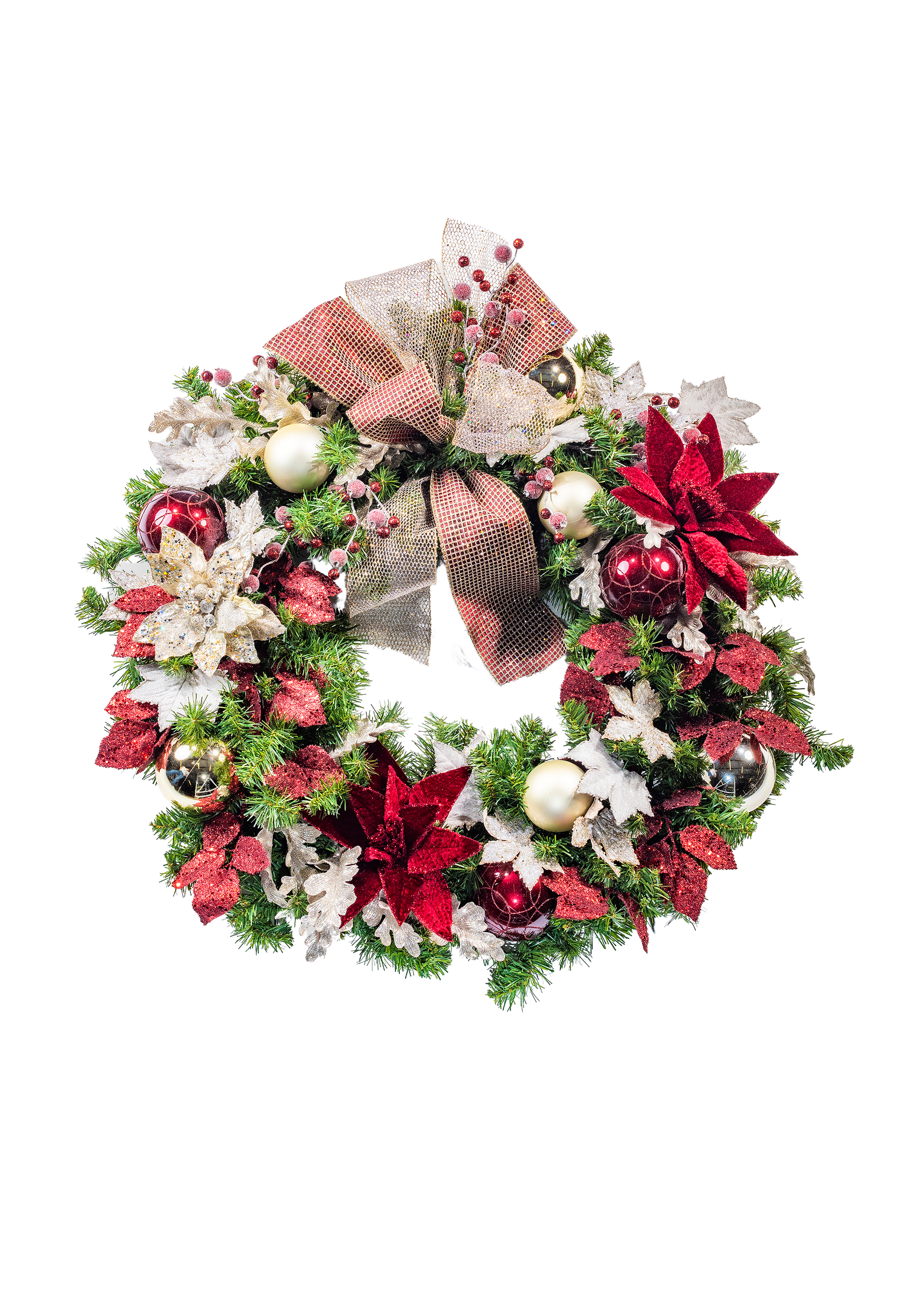Christmas wreath with red poinsettias, gold ornaments, and a large bow.