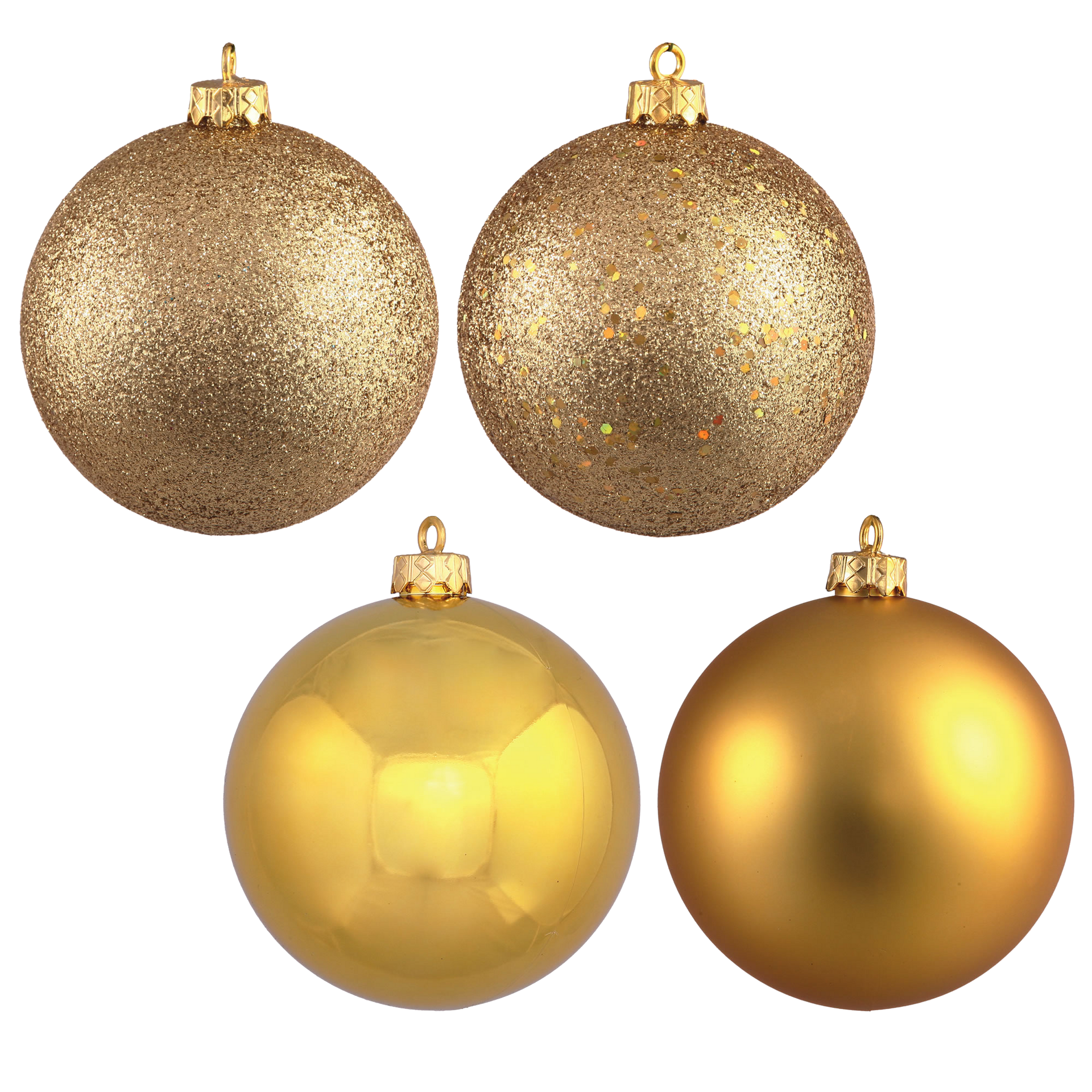Four gold Christmas ornaments: two glittery, two solid.