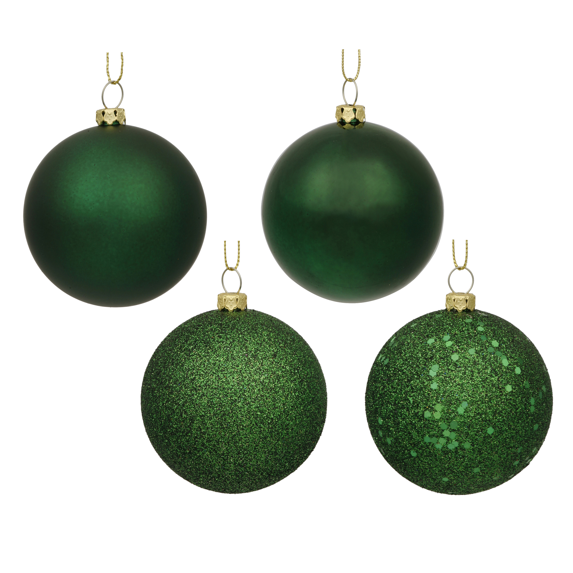 Four green Christmas ornaments, two matte and two glittery, hanging against a white background.