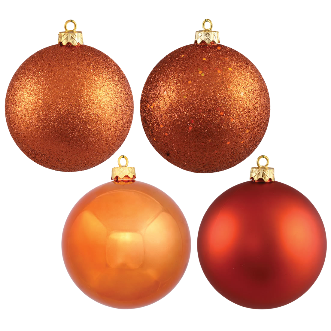 Four orange and red Christmas ornaments: glittery and glossy.