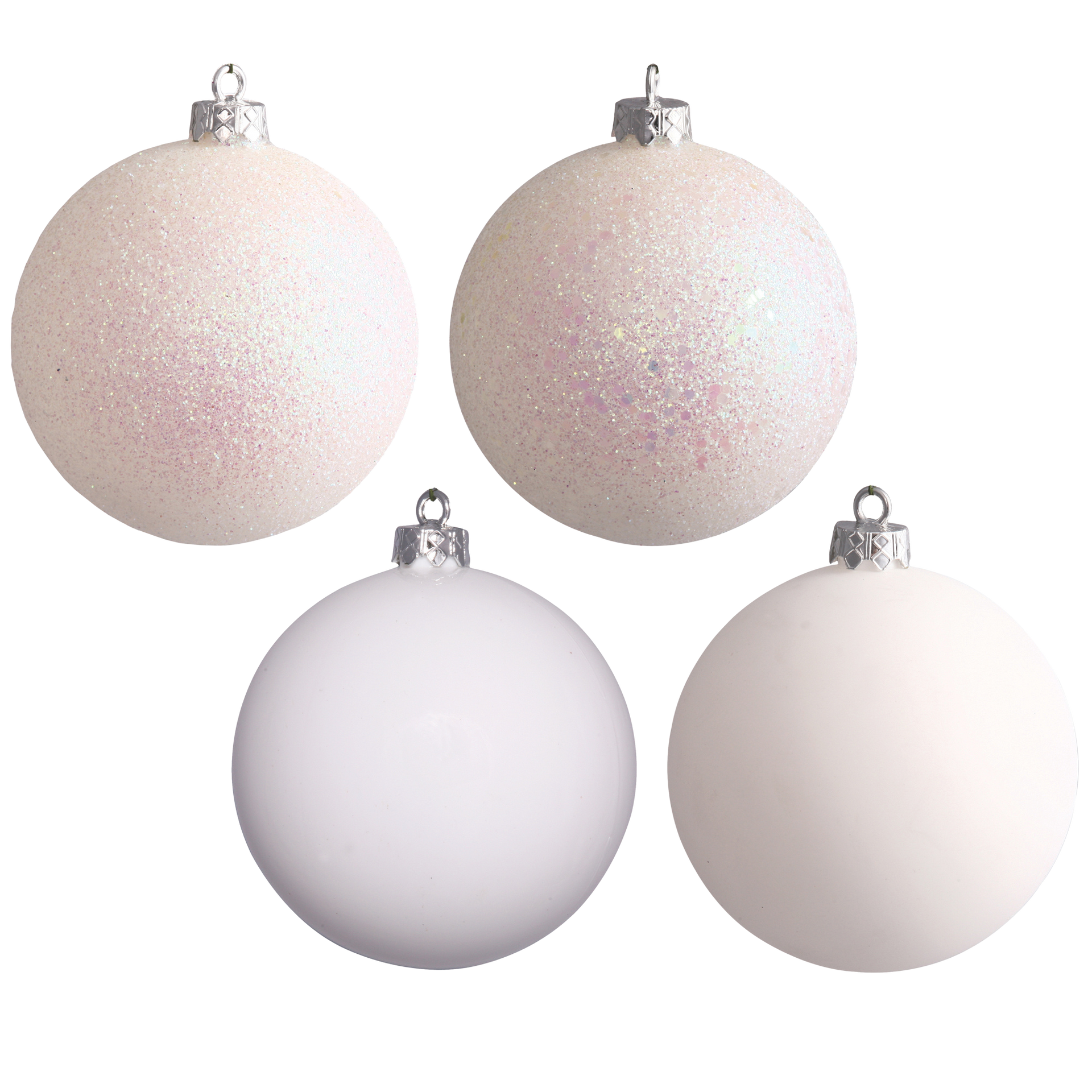 Four white Christmas ornaments; two glittery, two matte.
