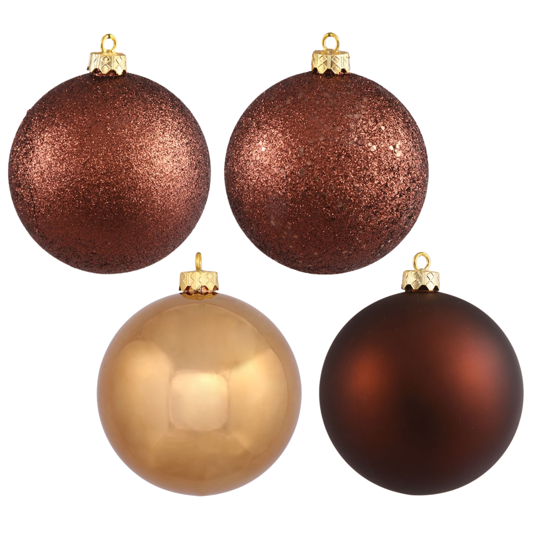 Four brown and gold Christmas ornaments: two glittered, one shiny gold, one matte brown.