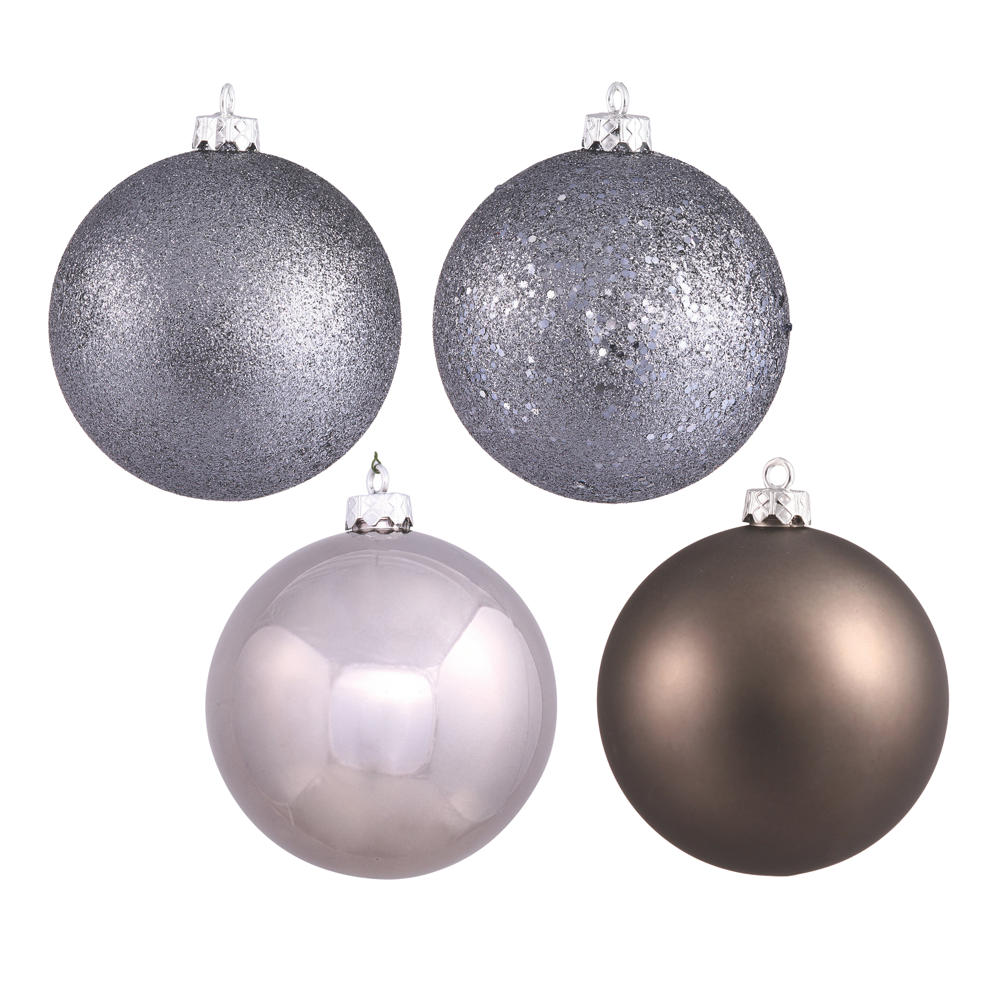 Four silver and bronze Christmas ornaments, two glittery, two matte.